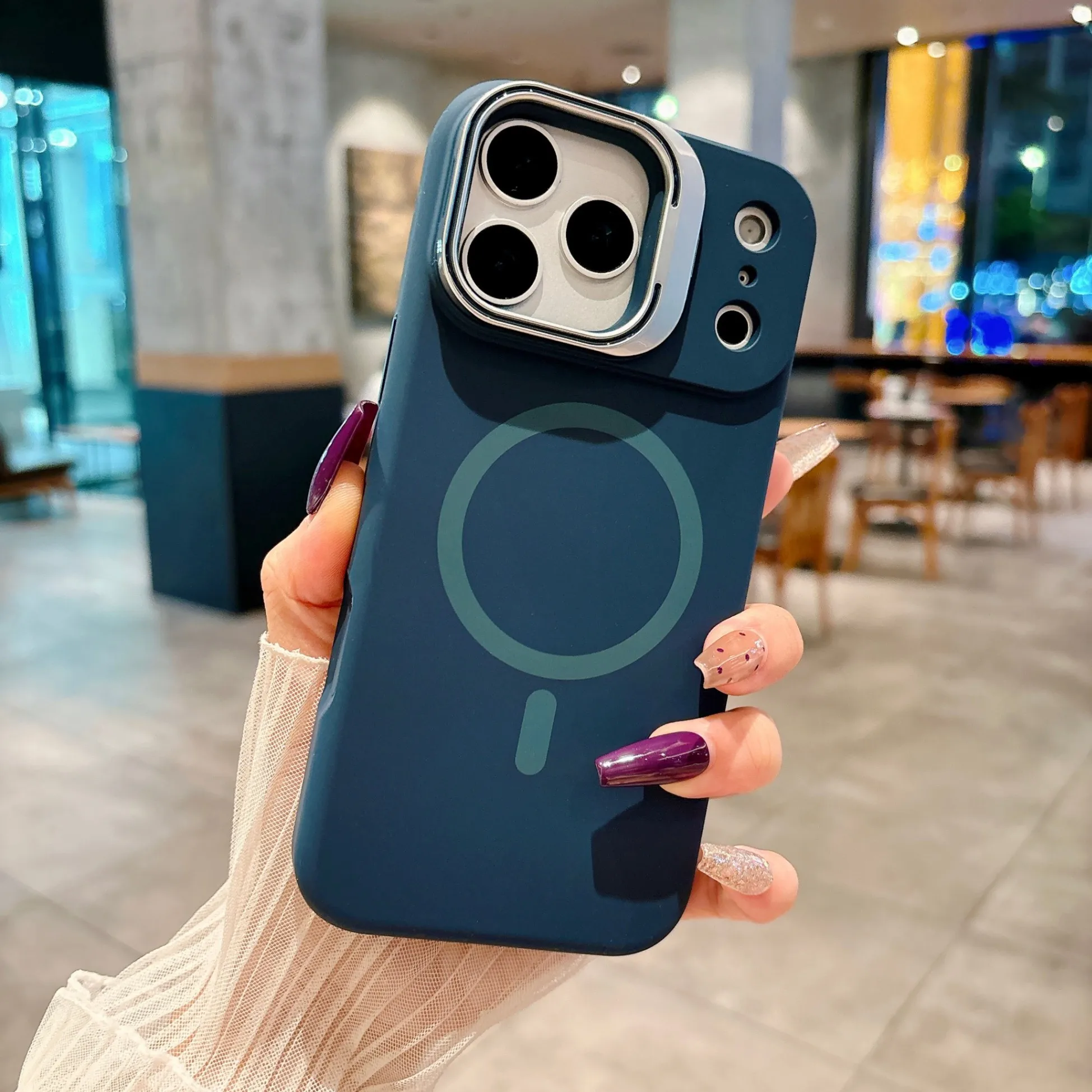 Capa Protetora Magsafe (azul Escuro Para Iphone 17), Com Suporte Dobrável E Acabamento Magnético Fosco.