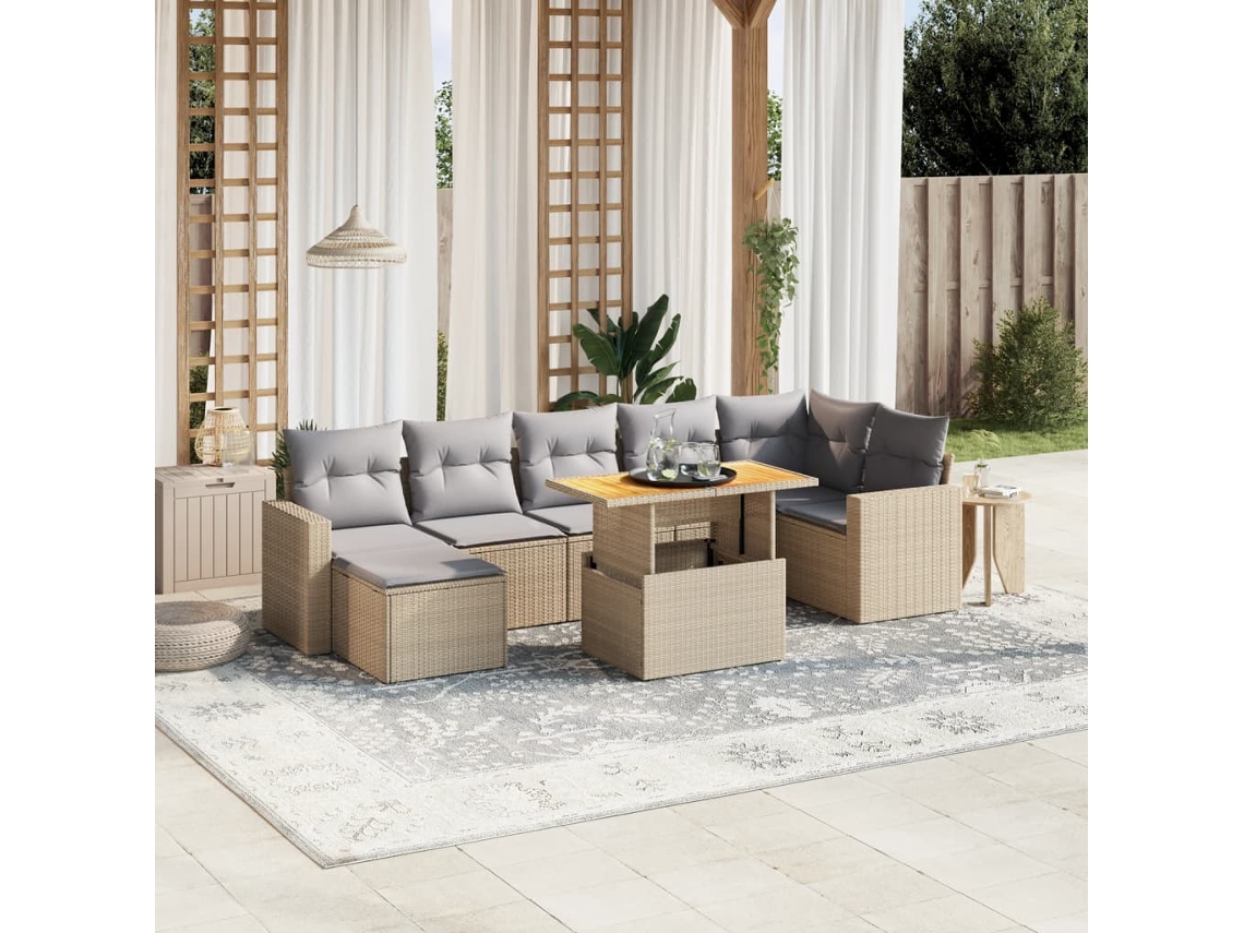 Vidaxl 8 Pcs Conjunto De Sofás P/ Jardim Com Almofadões Vime Pe Bege
