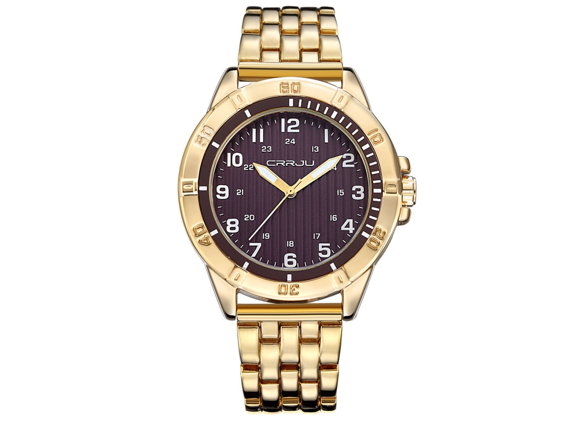 Relógio de pulso masculino, aço, pulseira dourada, mostrador marrom, quartzo, à prova d'água.