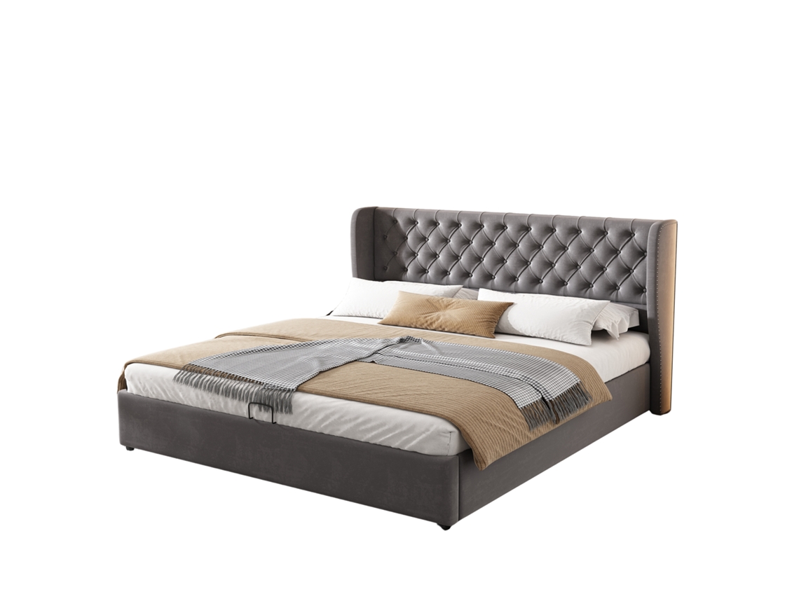 Cama estofada casal 180x200cm em formato de orelha, tecido aveludado, armazenamento funcional, revestimento repelente à sujeira, cinza PAPRIKA