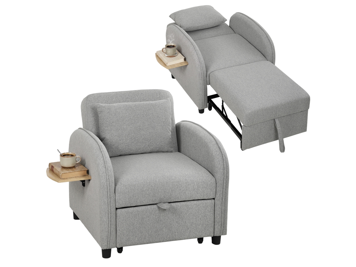 Sofá-cama 3 Em 1 Em Tecido Com Encosto Ajustável E Mesa Lateral, Cinza