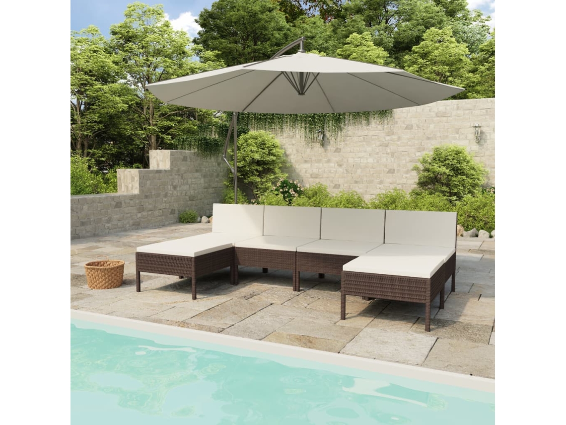 Vidaxl 6 Pcs Conjunto Lounge Jardim C/ Almofadões Vime Pe Castanho