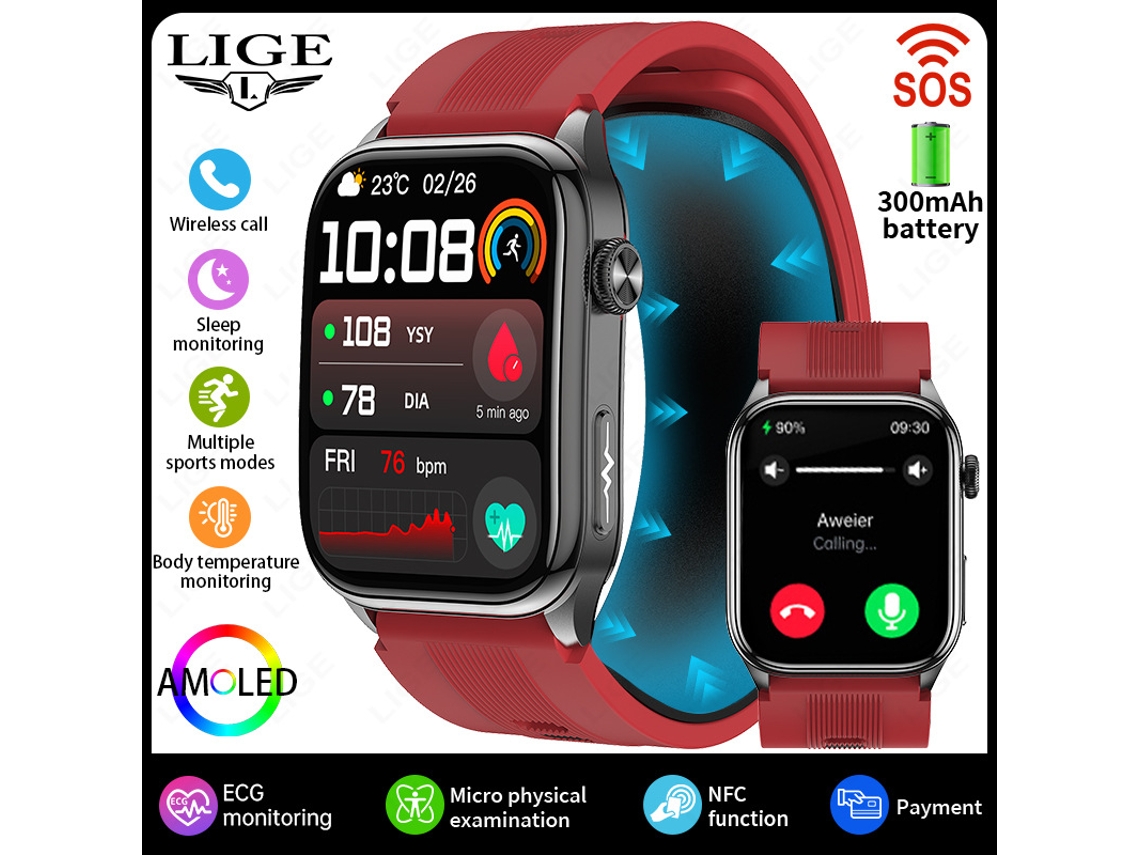 Relógio Inteligente (vermelho E Preto) Com Medição De Pressão Arterial E Ecg, Nfc E Chamadas Bluetooth.