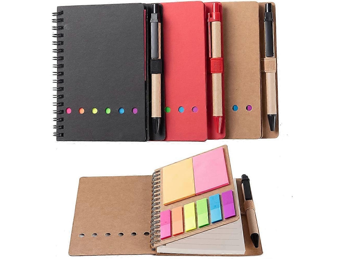 Cadernos espirais Slowmoose, pacote com 3, com porta-lápis, notas adesivas e abas de índice.