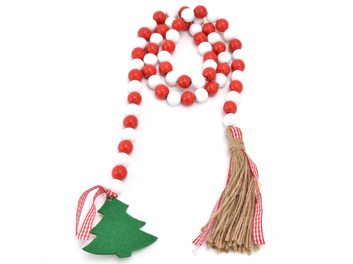 Guirlanda de Contas de Madeira com Tassel para Decoração de Natal e Casa em Vermelho e Branco S/MARCA