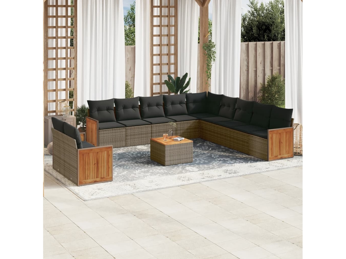 Vidaxl 12 Pcs Conjunto De Sofás Jardim C/ Almofadões Vime Pe Cinzento