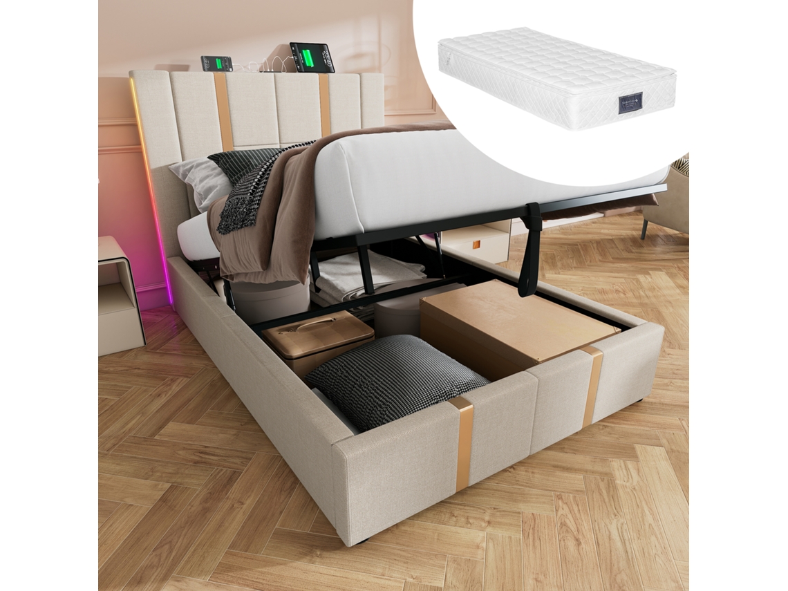 Cama 90x200 Led App Usb c Arrumação Bege