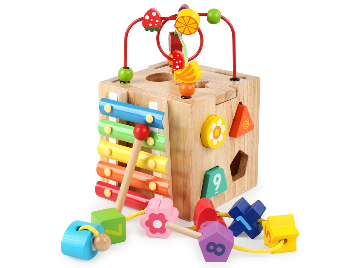 Baú Do Tesouro De Poliedro Multifuncional Infantil Com Contas De Enrolamento De Madeira Maciça Montessori Early E Aquaforge