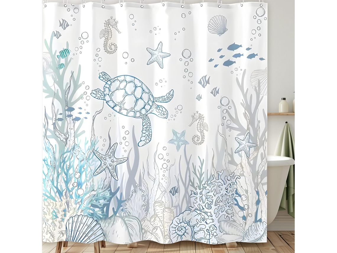 Cortina De Chuveiro De 180 X 200 Cm Estampa De Tartaruga Marinha Azul Para Banheiro Com Tema Oceano Marinho E Coral Vayotoy