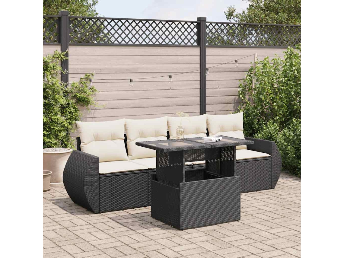 Vidaxl 5 Pcs Conjunto Sofás De Jardim Com Almofadões Vime Pe Preto