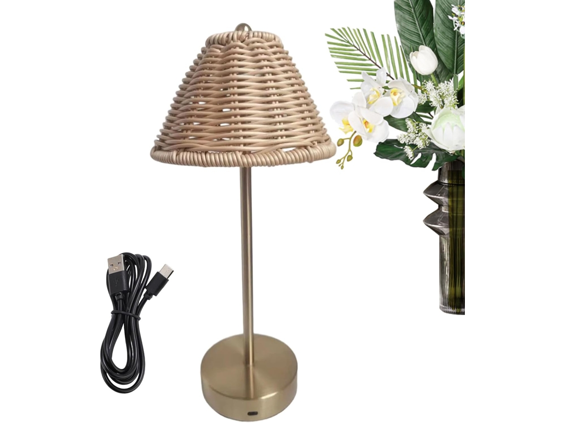 Abajur De Mesa Boho Em Rattan Com Led Recarregável E Regulável