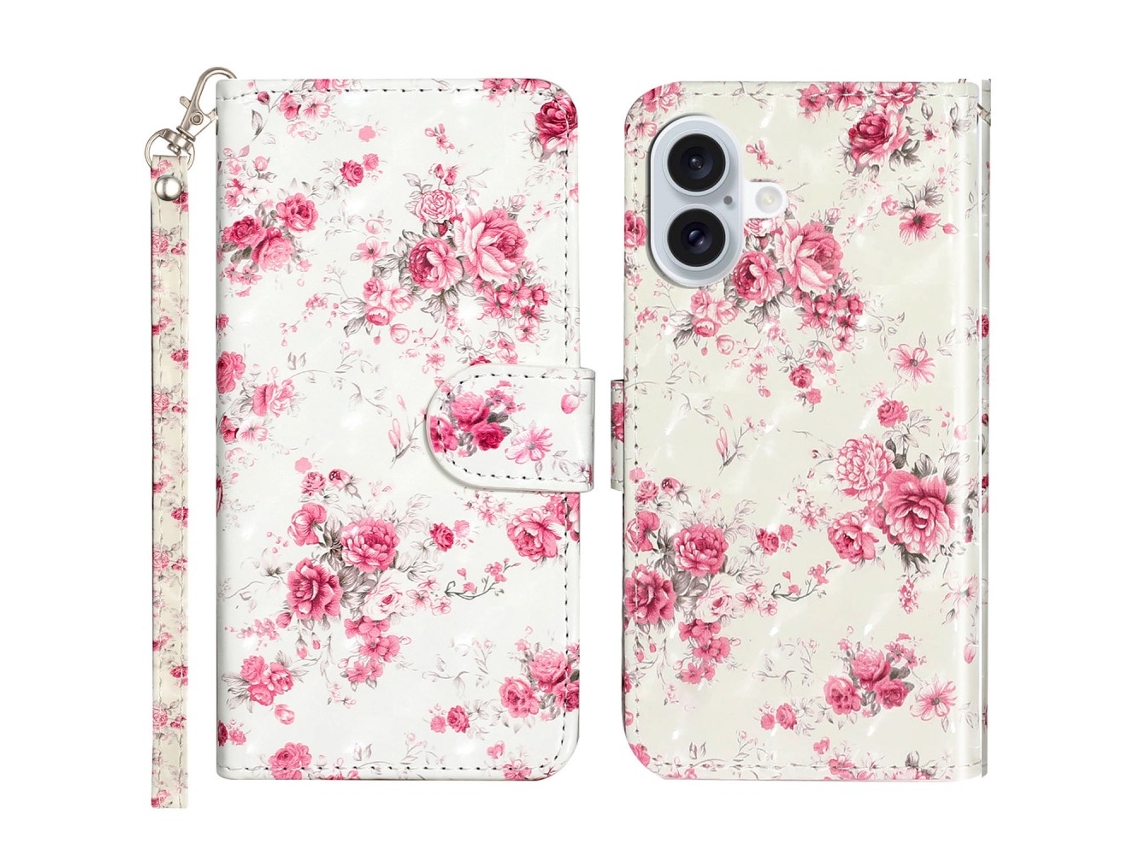 Capa Em Couro Pu Com Suporte Para Apple Iphone 16 Plus - Rosas