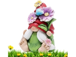 Gnomo de Jardim Rústico em Resina com Chapéu de Flores, para Uso Interno e Externo, Ornamento, Decoração de Primavera, CHABERLU
