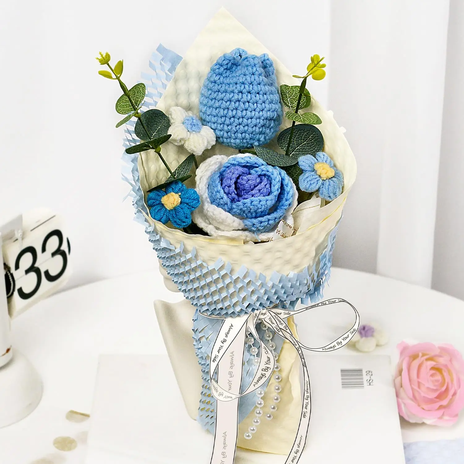 (azul) Buquê De Tulipas E Rosas Azuis Feito À Mão Em Crochê, Buquê De Presente Em Crochê