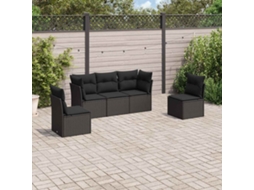 Vidaxl 5 Pcs Conjunto Sofás De Jardim Com Almofadões Vime Pe Preto