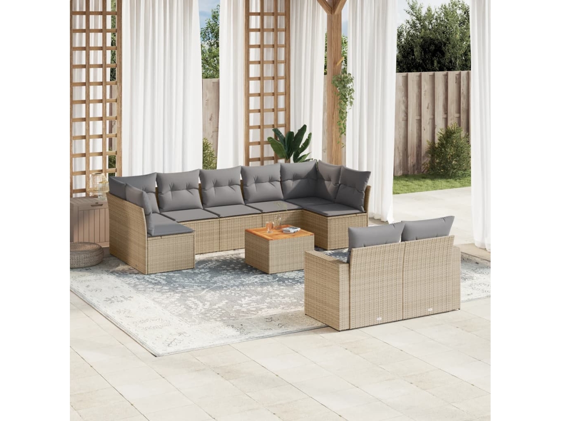Vidaxl 10 Pcs Conj. Sofás Jardim C/ Almofadões Vime Pe Bege Misturado