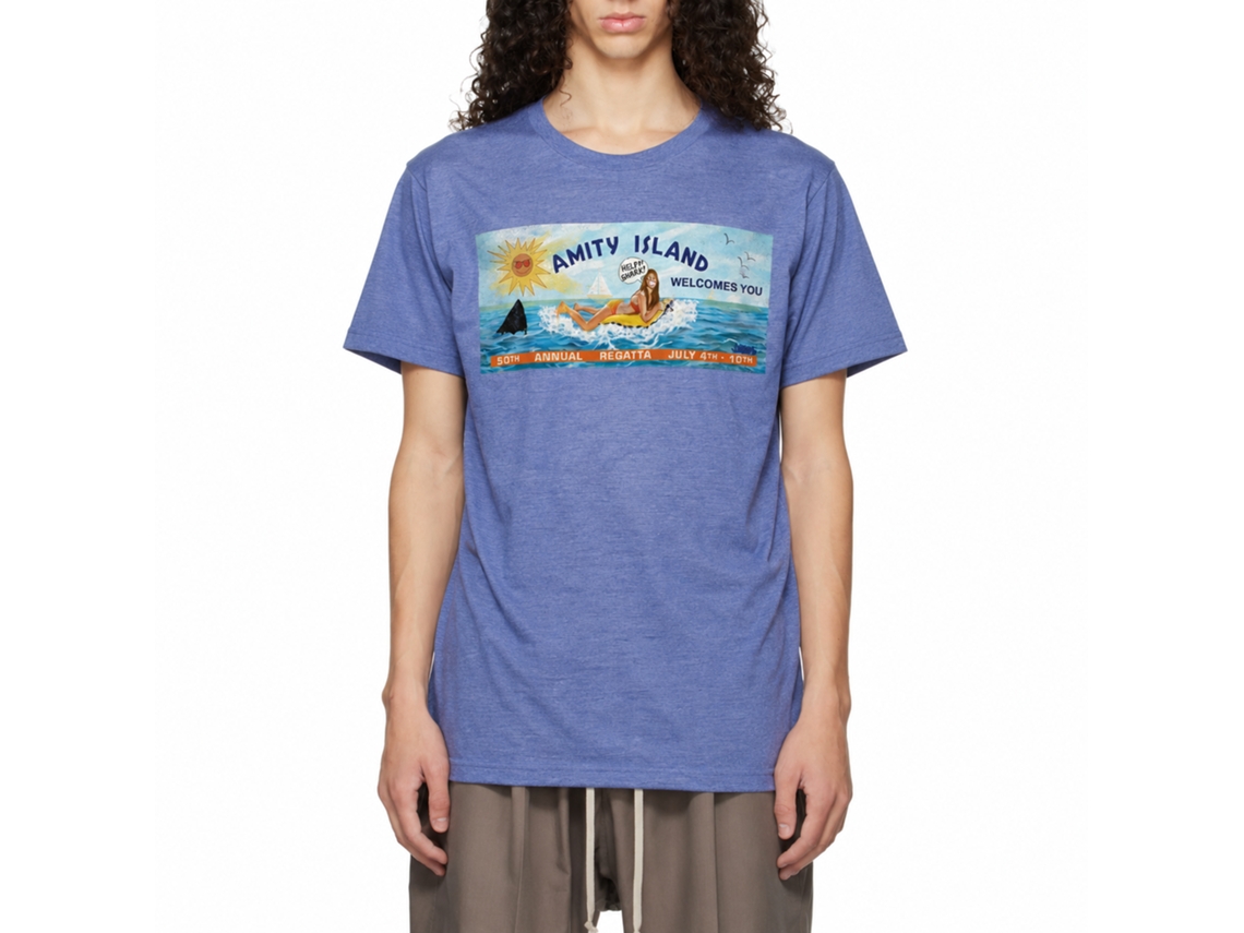 Rockinstone Jaws Movie Billboard2 Heather Light Blue Adult T-shirt Size:xl
