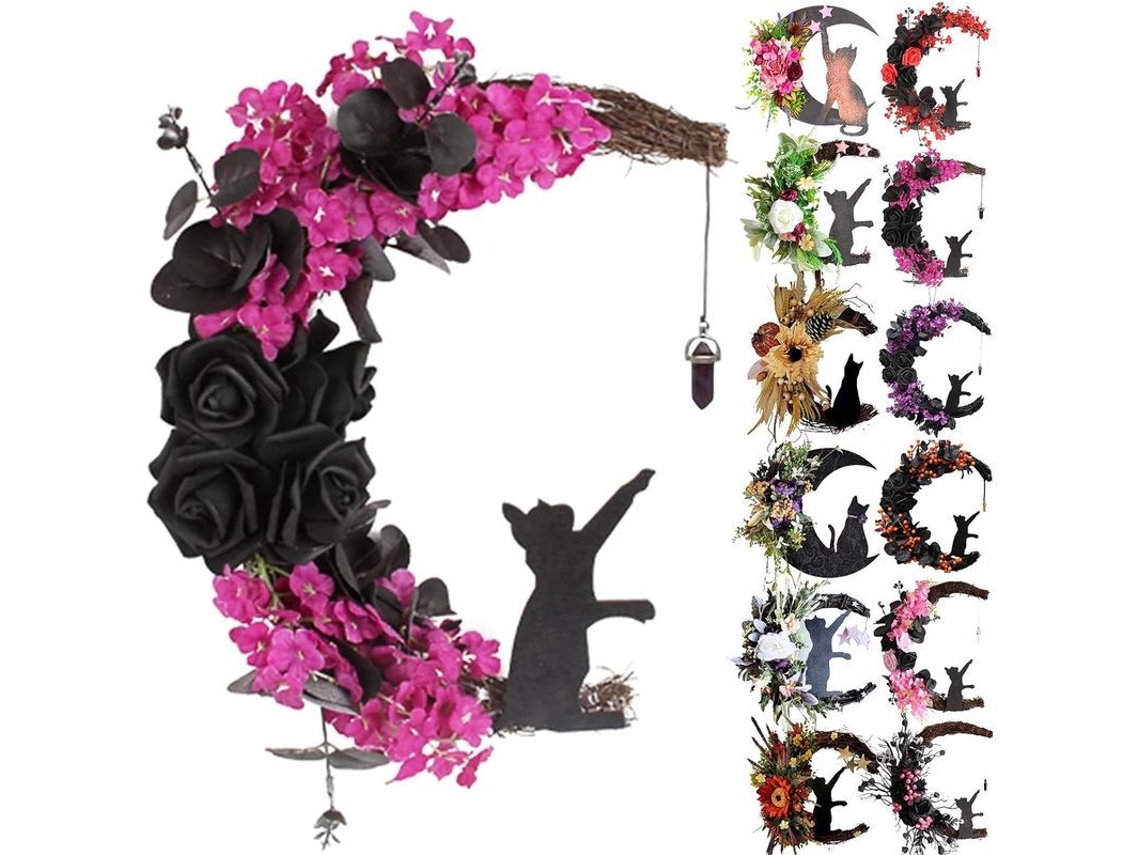 Coroa de Lua de Halloween com Gato Preto | S/MARCA