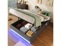 Cama Box 90x200cm Cinza Led Usb Tipo-c Hidráulica Sem Cabeceira Com Bolsas
