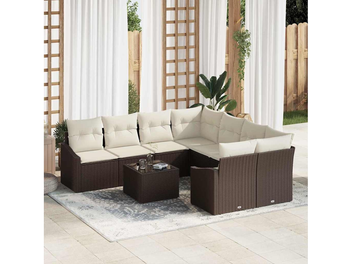 Vidaxl Conjunto De Sofás 9 Unid. Marrom E Creme Vime Pe