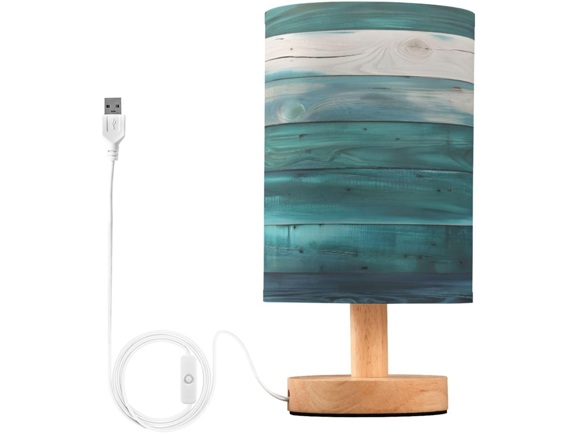 Abajur De Cabeceira Led Verde Azulado Em Madeira, Com Portas Usb E Cúpula De Tecido, Ideal Para Quarto, Sala De Estar
