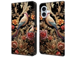 Capa Em Couro Pu Com Suporte Para Apple Iphone 16 - Flor E Pássaro Vintage