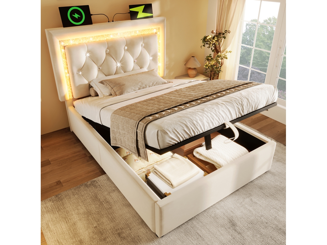 Cama Estofada Individual 90x200cm Veludo, Led Cabeceira, Usb Type-c, Base Hidráulica. Bege (sem Colchão).-op