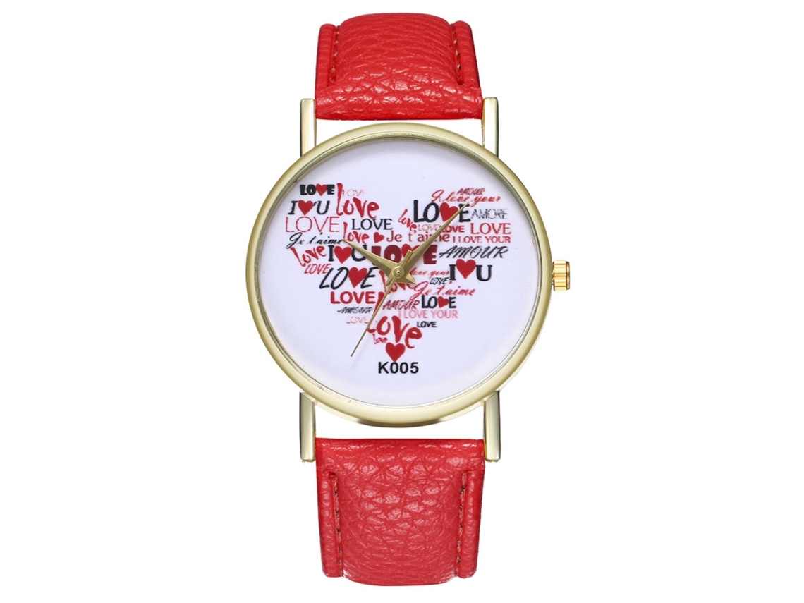 Relógio de quartzo moderno com pulseira de couro PU para casais, mostrador redondo vermelho.