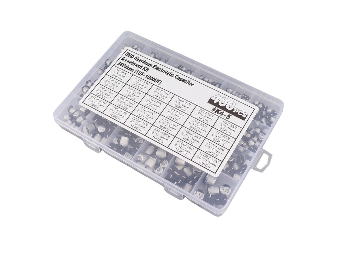 Kit de Capacitores Eletrolíticos de Alumínio 400 Peças 24 Valores 1uF-1000uF 6.3V-50V com Caixa