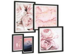 Galeria De Pinturas Murais Flores Rosa, Mármore, Tons Pastel Moldura Preta Quadros Para A Sala De Estar Espelharte (conjunto De 5 Imagens)
