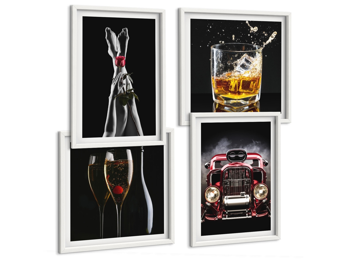 Composição De Quadros Temas Estilosos Carros Retro Drinks Espelharte (4 Peças)