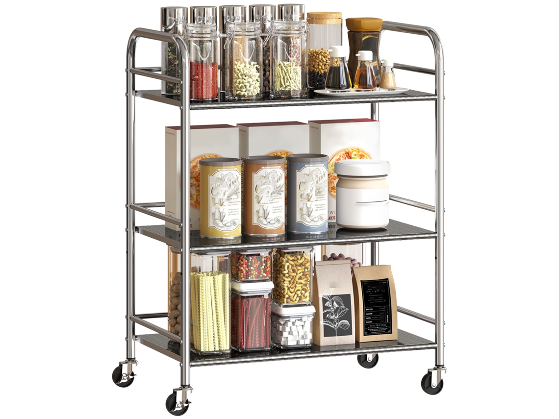 Carrinho Cozinha Aço Inox 3 Níveis Alças Rodízios 60x35x77 Prateado