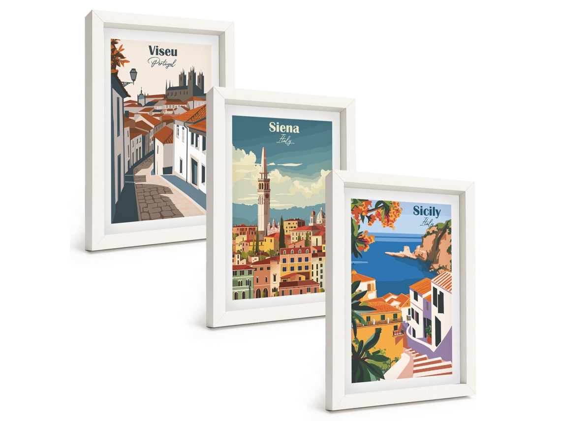 Composição De Quadros Ilustrações Retrô De Cidades Do Mundo Espelharte (3 Peças 20x30 Cm)