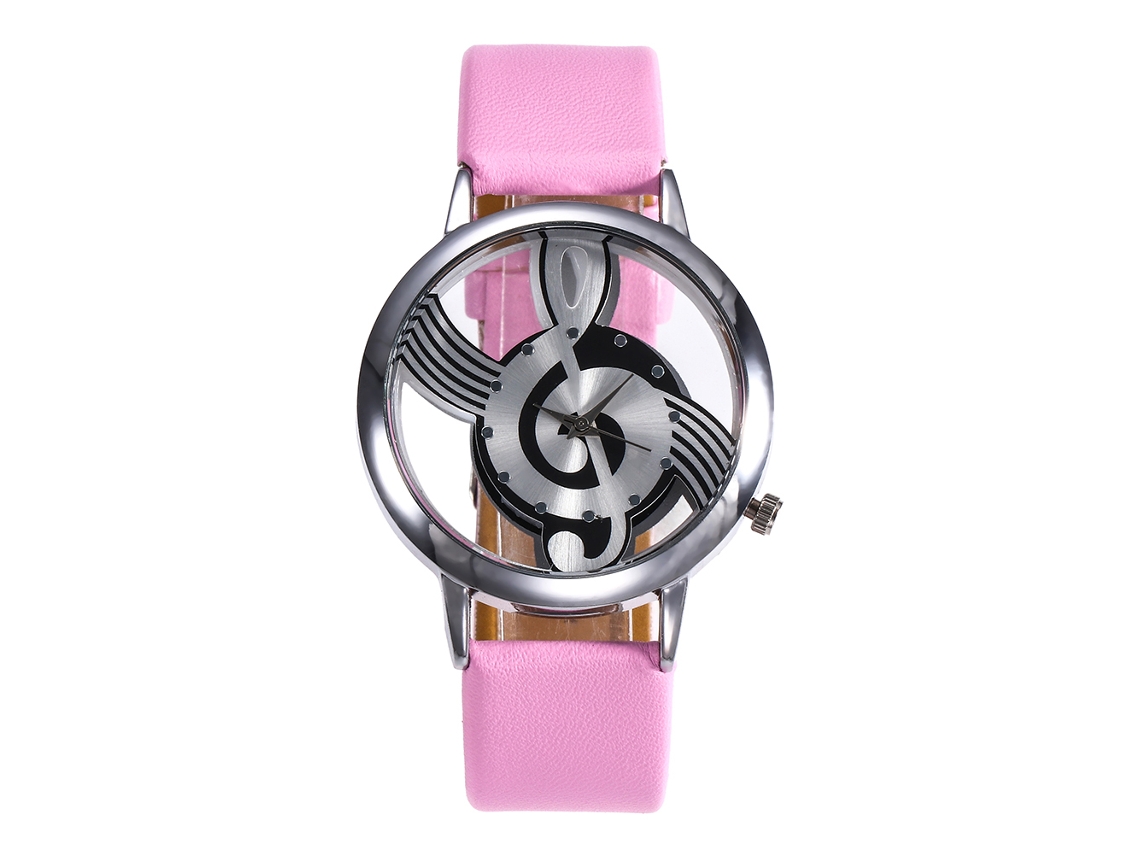 Relógio de Quartzo Feminino com Pulseira de Couro Pu e Design de Nota Musical Oco (rosa)