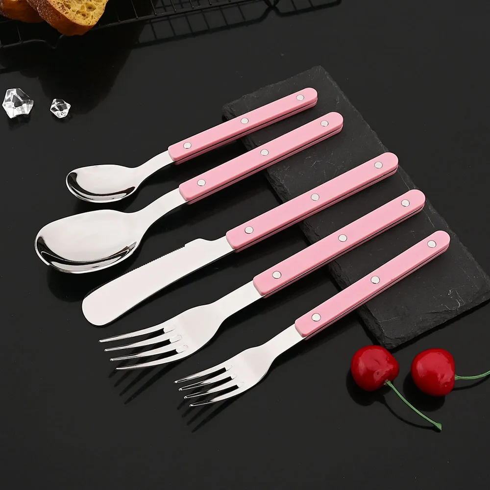 Talheres com Cabo de Acrílico Cravejado, Garfo, Faca e Colher de Aço Inoxidável. MDUG (rosa, Conjunto de 5 Peças)