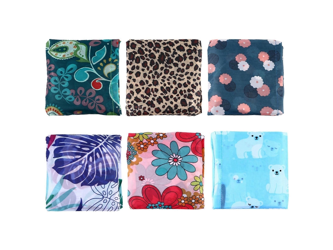 Conjunto de 6 Sacolas Reutilizáveis ​​dobráveis ​​em Tecido Oxford, Leves e Portáteis, com Estampas para Uso Diário e em Supermercados. GOKOCO