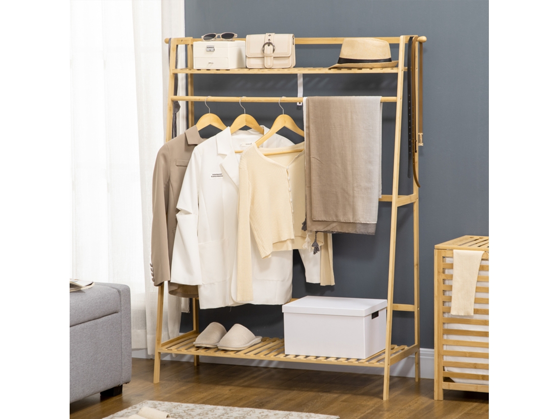 Supte P/ Cabide De Bambu Com 2 Prat. Armazenamento 2 Ganchos Laterais E Barra Suspensa 114x40x139 Cm Madeira