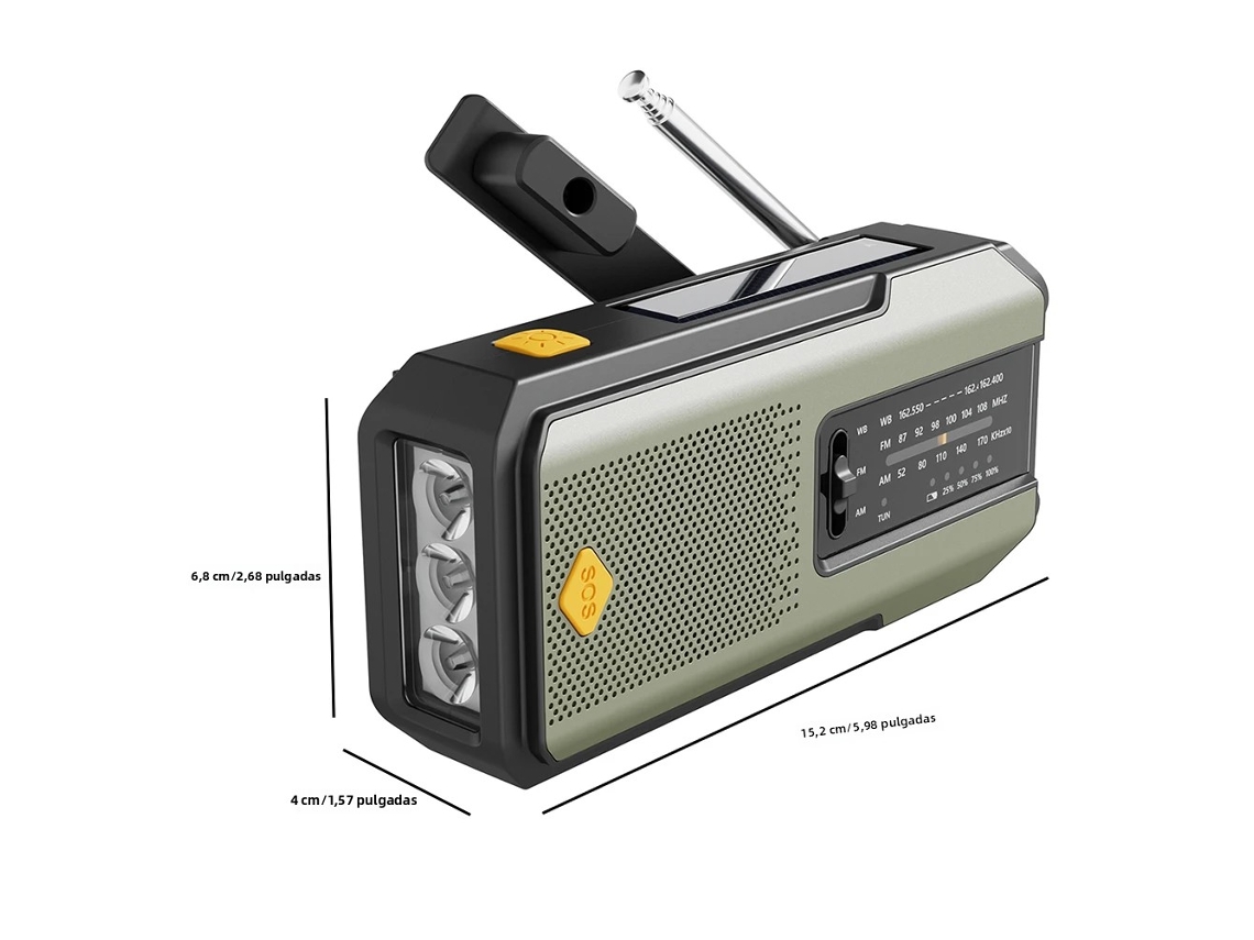 Rádio Portátil Verde com Energia Solar, Am/fm, Luz de Leitura Led para Ambientes Internos, Alarme Sos, Bateria Recarregável de 2000mah AQUAFORGE