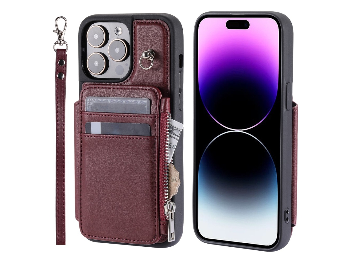 Capa Bloqueio Rfid Pega Para Iphone 15 Pro Pele Sintética Vermelho