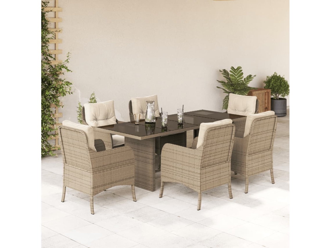 7 Pcs Conjunto De Jantar P/ Jardim Com Almofadões Vime Pe Bege Dkd Home Decor