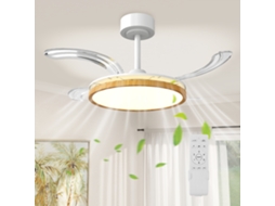 Ventoinha De Teto Com Luz Led 80 W Motor Dc Reversível Controlo Remoto 6 Velocidades Temporizador Ø95 Cm Branco E Madeira