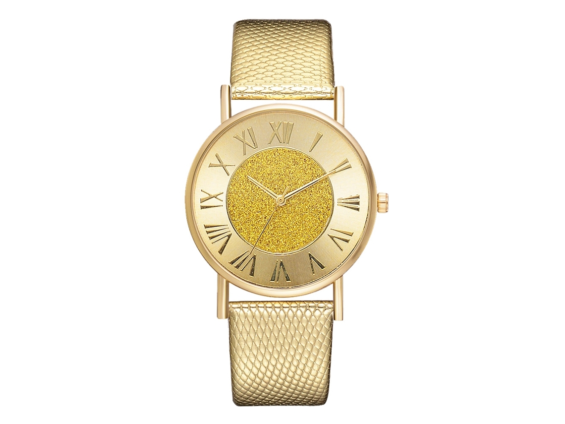 Relógio de Pulso Feminino de Quartzo Casual com Mostrador Redondo e Pulseira de Couro Pu Dourado