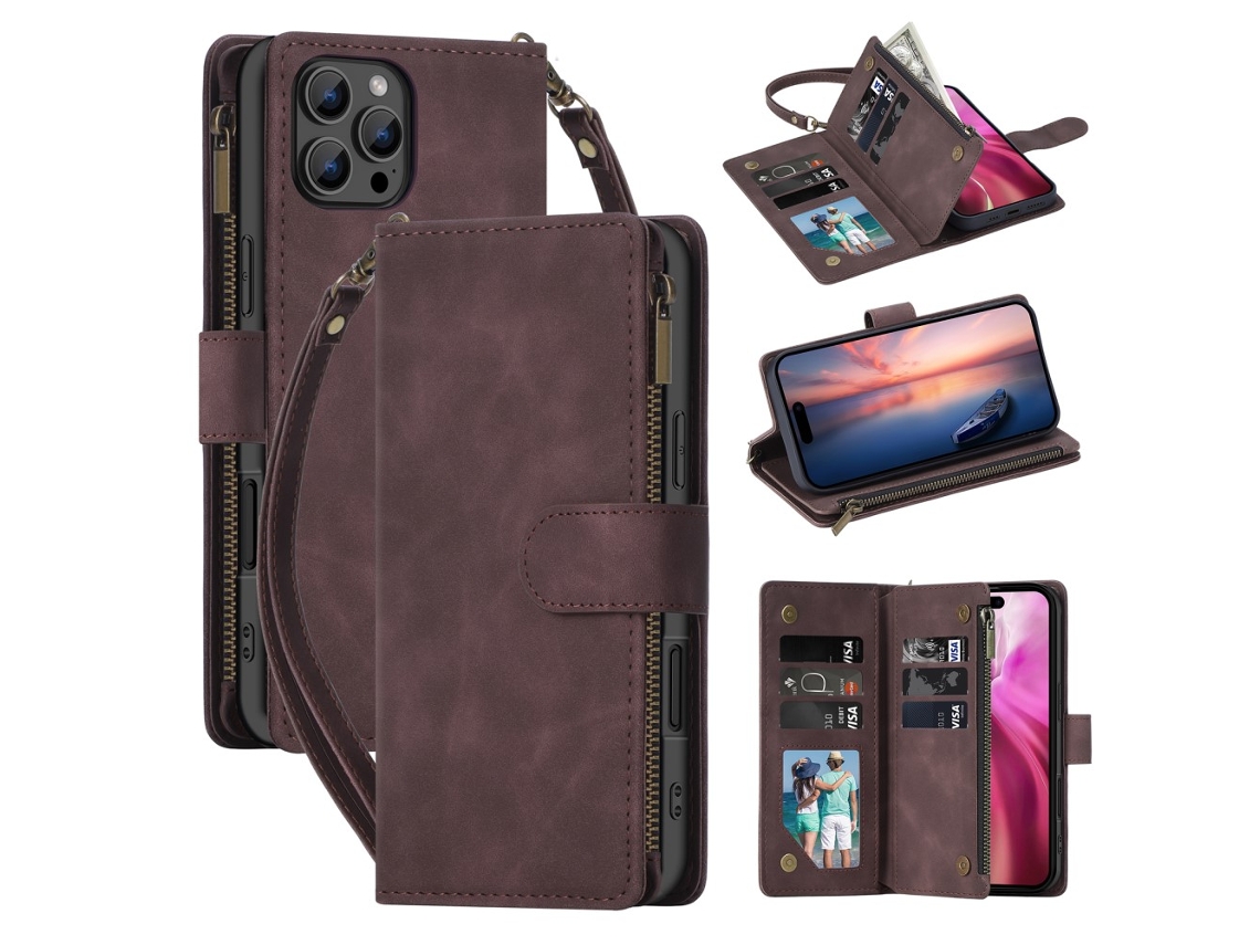 Capa Em Couro Pu Com Suporte E Pega Para Apple Iphone 16 Pro Max - Café