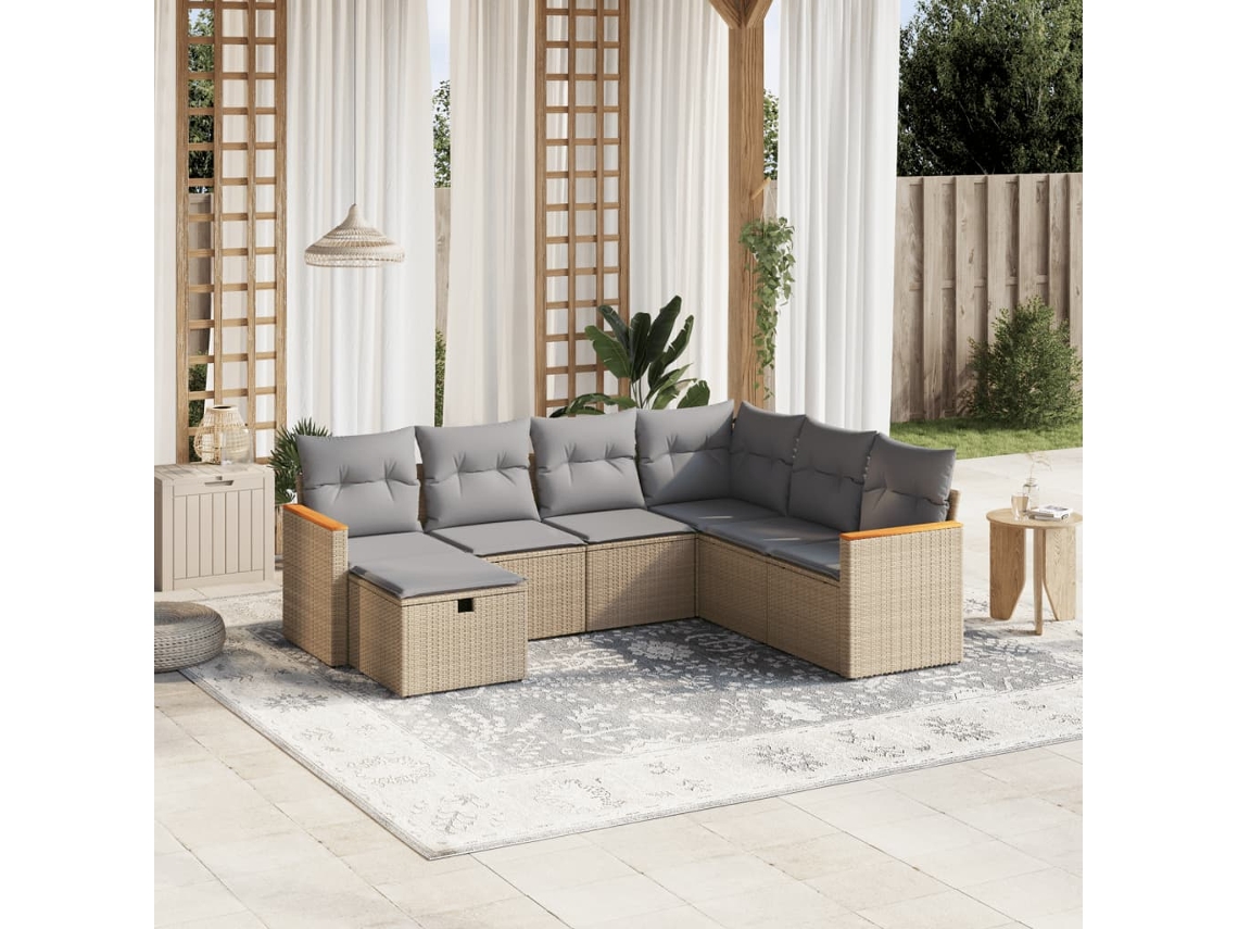 Vidaxl 7 Pcs Conj. Sofás Jardim C/ Almofadões Vime Pe Bege Misturado