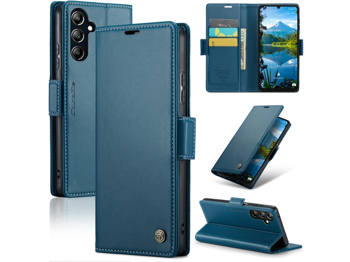 Capa Para Samsung Galaxy A16 5g De Couro Com Textura De Lichia E Fecho Borboleta Com Proteção E Sistema Rfid Antirroubo Azul