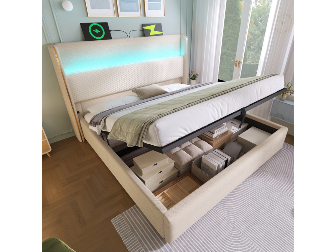 Cama De Solteiro Estofada De 160x200cm Com Led E Armazenamento Em Linho Bege
