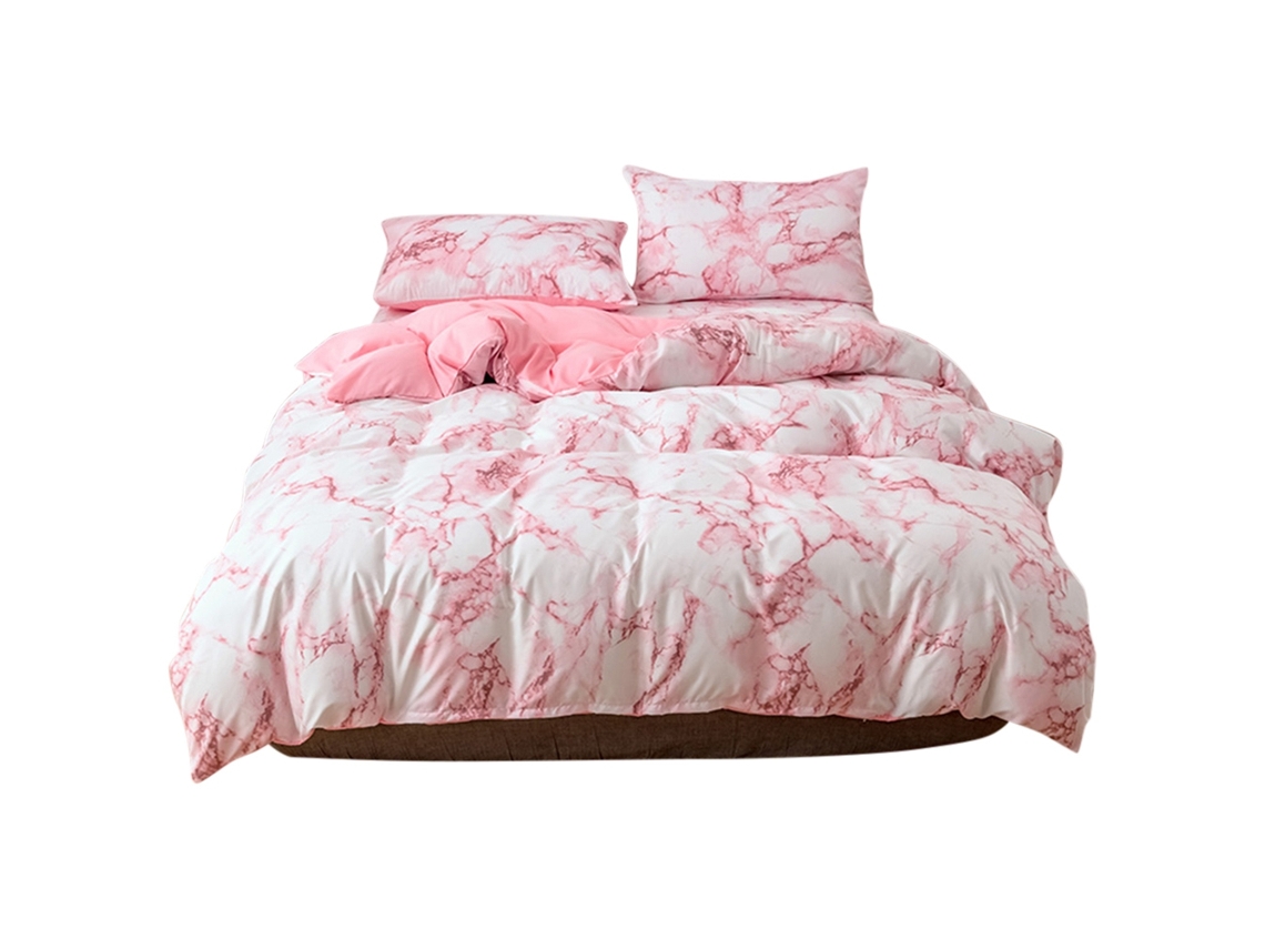 Conjunto de lençóis marmoreados de poliéster com capa de edredão e travesseiros tamanho double Eu rosa S/MARCA