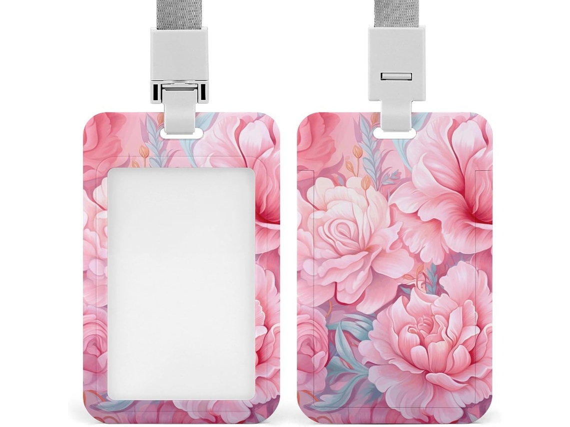 Porta Crachá Homens E Mulheres, Com Estampa Floral Em Tons De Pêssego, Cordão Removível E Proteção Vertical