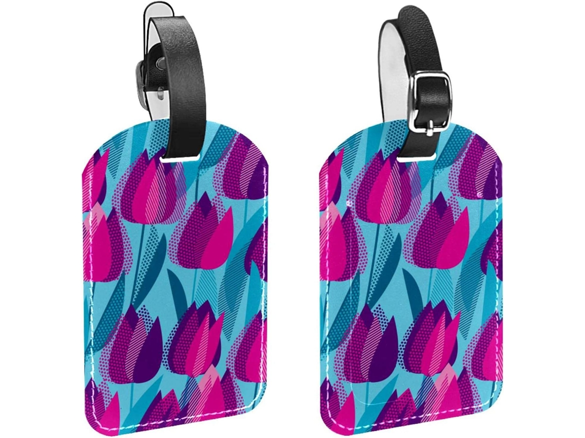 Conjunto De 2 Etiquetas Bagagem Em Imitação Couro Roxo Com Estampa Folhas Azuis