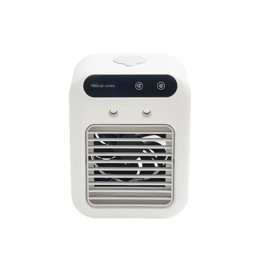 Mini ventilador de mesa portátil com ar condicionado, silencioso e recarregável via USB.